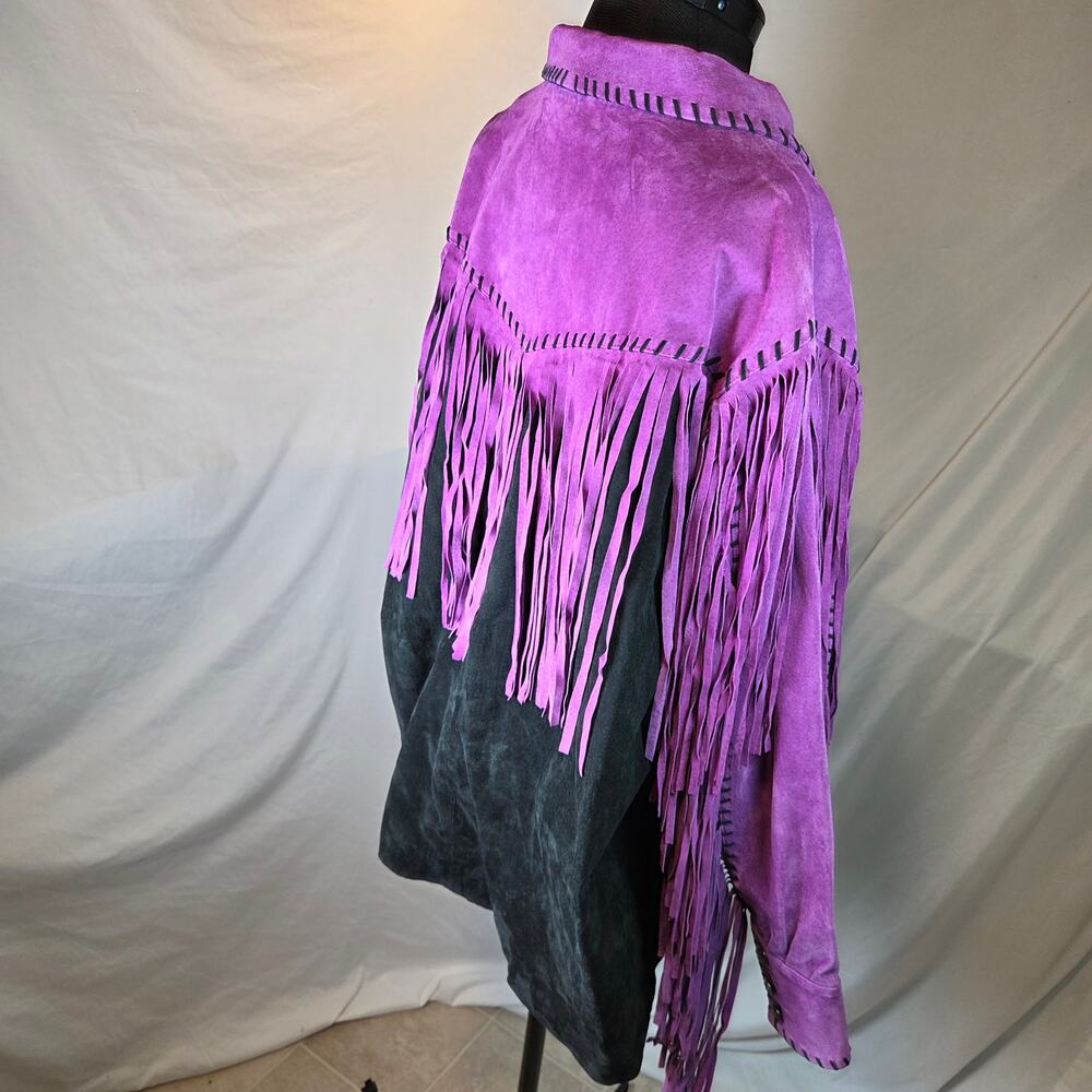 Bob Mackie Wearable Art 2X Leather Fringe Western Jacket Purple Black - Picture 4 of 16